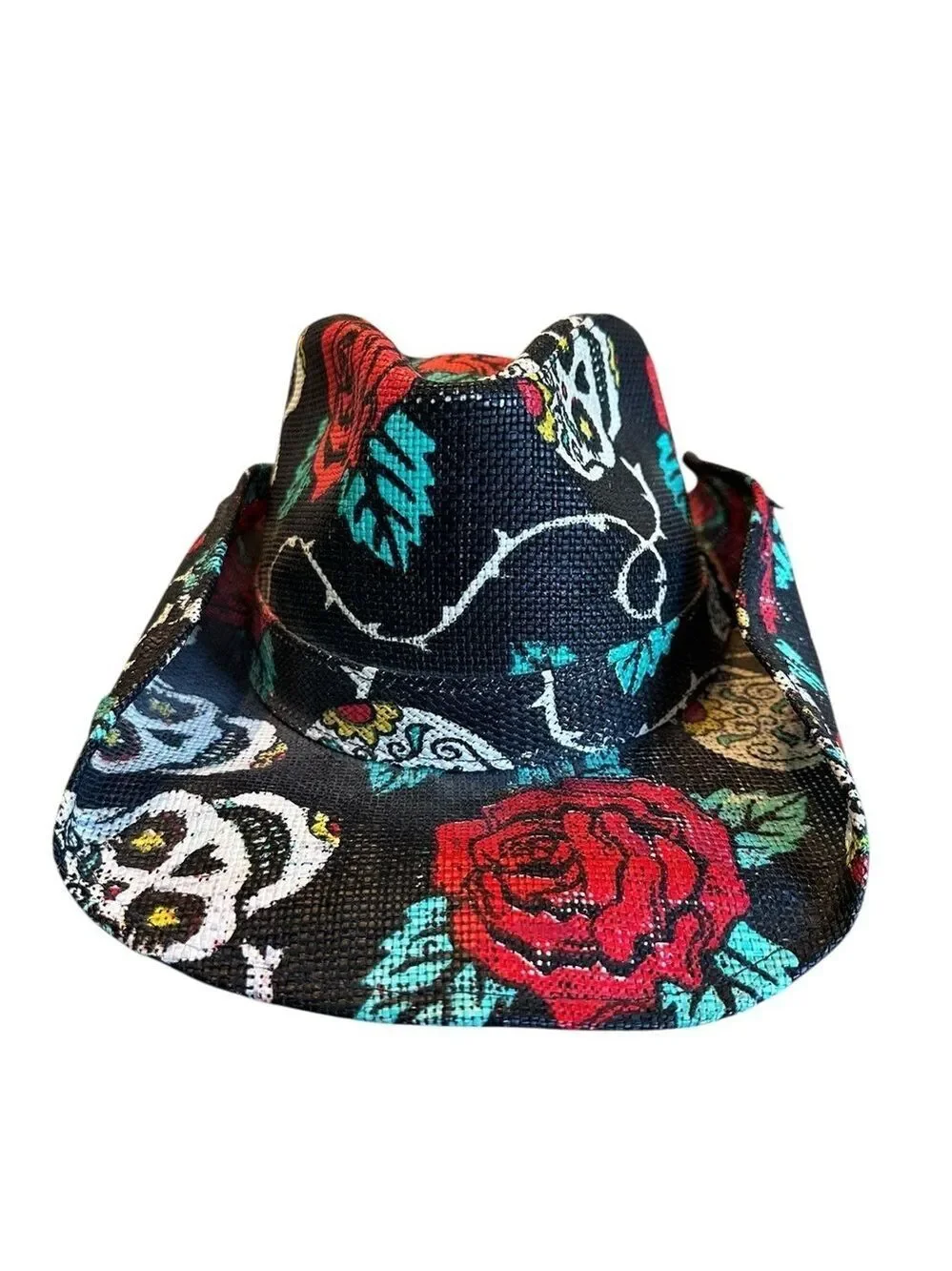 Peter Grimm Cowboy Hat Sugar Skulls/Rose Print Black Cotton Western Cowgirl EUC
